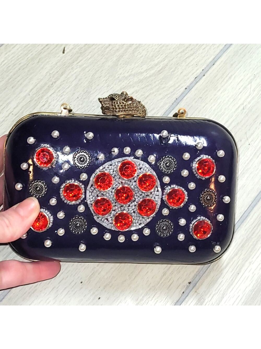 Kate Landry Womens Evening Clutch Leopard Clasp Sequined Jeweled & Beaded